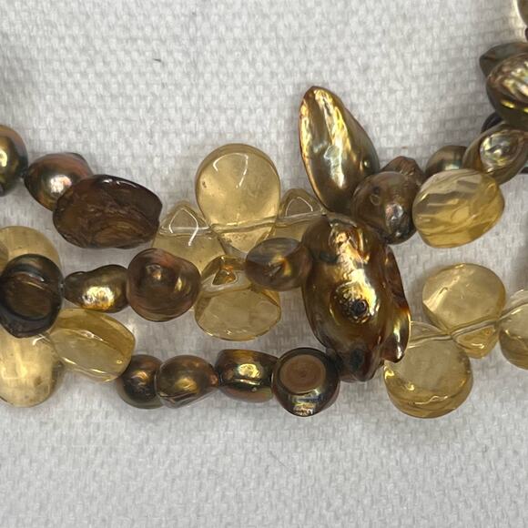 Vintage 90s Golden Chocolate Fresh Water Pearl 3 Strand Necklace Glass Teardrops - Picture 4 of 7